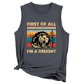 Detail of grey sleeveless top featuring a retro opossum graphic and text print - Dark Gray