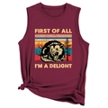 Detail of burgundy sleeveless tank top with vintage opossum print and knotted hem detail - Burgundy