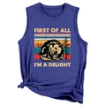 Close-up of navy sleeveless top featuring a retro opossum and humorous text design - Vintage Blue