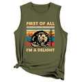 Detail of olive green sleeveless top with possum graphic and stylish front hem knot - Army Green