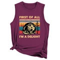 Detail of burgundy sleeveless tank top with vintage opossum graphic and knotted hem - Fuschia