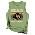 Detail of avocado green sleeveless top with First of all I'm a delight possum print - Olive Green