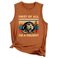 Women's vintage caramel muscle tank top with opossum sunset print and humor text - Burnt Orange