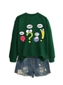 Detail of dark green sweatshirt with colorful cartoon icons and funny quote text dialogue - Dark Green