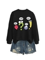 Detail of black pullover with cartoon text bubbles and distressed denim shorts - Black