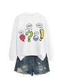 Close-up of white sweatshirt with cartoon graphics and distressed denim shorts - White