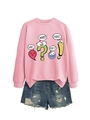Pink crewneck sweatshirt with cute cartoon punctuation marks and blue denim shorts set - Pink