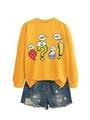 Detail of yellow sweatshirt with fun comic prints paired with distressed denim shorts - Yellow
