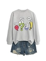 Detail of grey crewneck sweatshirt with cartoon print and distressed denim shorts - Gray