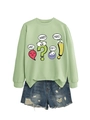 Detail of mint green sweatshirt featuring cartoon speech bubbles and denim shorts - Olive Green