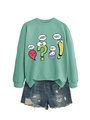 Detail of mint green sweatshirt with cartoon graphic and distressed denim shorts set - Light Green