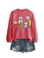 Detail of red cartoon crewneck sweatshirt paired with distressed blue denim shorts - Red
