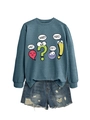 Blue-gray sweatshirt with cartoon punctuation print and distressed denim shorts detail - Blue
