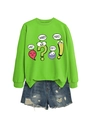 Detail of neon green sweatshirt with colorful emoji prints and frayed denim shorts set - Fluorescent Green