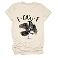 Detail van zacht crèmekleurig katoenen T-shirt met kraai-afbeelding en F-CAW-F tekstprint - Zand (Zwarte Tekst) / S
