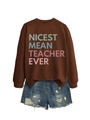 Detail of brown cotton sweatshirt with Nicest Mean Teacher Ever print and ripped denim shorts - Coffee