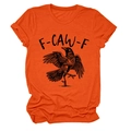 Detail des Rundhalsausschnitts und F-CAW-F Krähenprints auf dem orangen Baumwoll-T-Shirt - S / Oberteile / Orange (Schwarzer Druck)