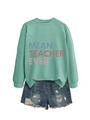 Detail of mint green sweatshirt with Nicest Mean Teacher Ever print and denim shorts - Light Green