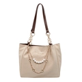 Bolso tote beige minimalista con cadena dorada, flores de perlas y asas de cuero - Caqui