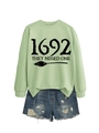 Detail of 1692 They Missed One witch sweatshirt with distressed denim shorts - Olive Green Sweatshirt (Black Font)