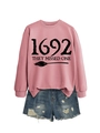 Pink sweatshirt featuring black 1692 THEY MISSED ONE lettering and broom graphic detail - Rose Gold Sweatshirt (Black Font)