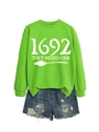 Neon green 1692 sweatshirt with blue distressed denim shorts on white background - Fluorescent Green Sweatshirt (White Font)