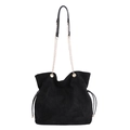 Retro Eimertasche aus schwarzem Wildleder mit goldener Kette und Kordelzug-Detail - Schwarz