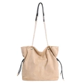 Khaki Wildleder-Beuteltasche für Damen mit goldener Kette und Kordelzugdetail - Khaki