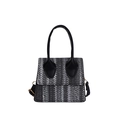Modern black and gray woven straw handbag with sleek leather handles and gold accents - Black