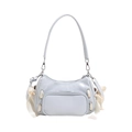 Light blue-grey underarm pillow bag featuring decorative side satin bows and silver hardware - Blue
