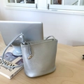 Silver textured leather mini bucket bag with PANTOOR logo and thin shoulder strap - Silver (With Pendant)