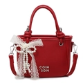 Red lychee pattern leather bucket bag with silver lettering and pearl bow charm - Wine Red + Pearl Bow Heart