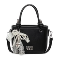 Black lychee pattern bucket bag with pearl lace bow and silver heart pendant detail - Black + Pearl Bow Heart