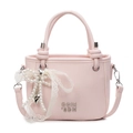 Pink lychee texture bucket bag with pearl lace bow and metal heart charm detail - Pink + Pearl Bow Heart