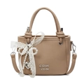 Light brown lychee texture bucket bag with lace bow and heart pearl charm - Khaki + Pearl Bow Heart