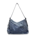 Sac fourre-tout en denim délavé bleu vintage avec rabat asymétrique et boucles en métal - Bleu clair