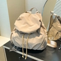 Fashionable beige drawstring backpack with pleated nylon fabric and flap closure for women - Khaki