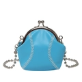 Mini sky blue shell bag with baseball stitching and silver metal chain strap - Blue