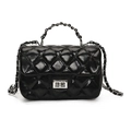 Quilted black leather crossbody small square bag with silver chain and metal lock - Black
