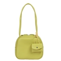 Large lime green tote bag with lychee leather texture and matching mini coin purse - Yellow-Green