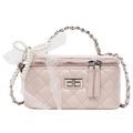 Pink quilted cross-body box bag with pearl bow and lace charm decoration - Lace Pearl Bow Decor Style / Pink