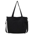 Black large capacity nylon tote bag with functional zipper pockets and woven pullers - Black