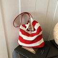 Bolso tote de punto a rayas rojas y blancas con correa de hombro de cuero de lujo - Rojo