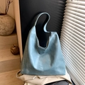 Large capacity light blue hobo tote bag with washed vintage texture for women - Blue