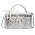 Quilted silver metallic vanity box bag with pearl bow and heart charm details - Lace Pearl Bow Decor Style / Silver