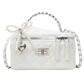 Elegant white quilted box bag with pearl handle and heart pendant charm detail - Lace Pearl Bow Decor Style / Off White