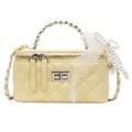 Pale yellow quilted mini box bag with pearl bow and lace trim details - Lace Pearl Bow Decor Style / Yellow