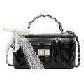 Detail of black quilted leather box bag with pearl bow, lace trim and silver heart charm - Lace Pearl Bow Decor Style / Black