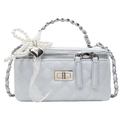 Detail of light blue quilted leather bag with pearl chain and heart charm detail - Lace Pearl Bow Decor Style / Blue