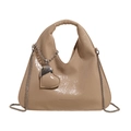 Vintage glossy oil wax leather shoulder bag in beige with chain and heart charm - Khaki